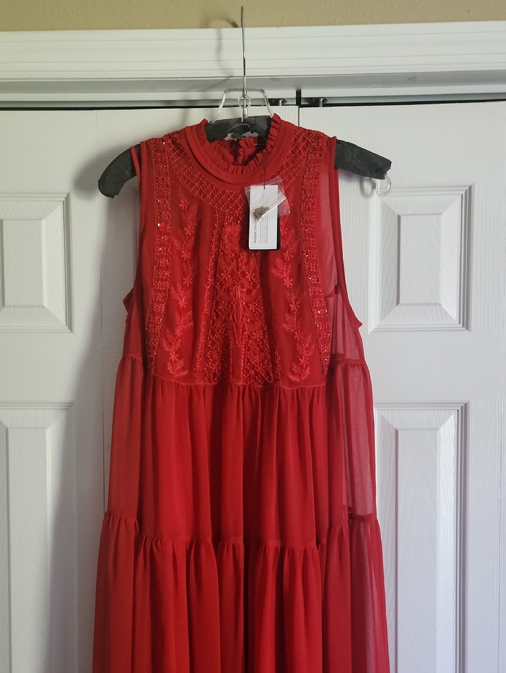Guess Red Sleeveless Embroidered Maxi Dress